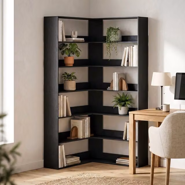 HOMCOM 7-Tier L-Shaped Corner Bookshelf in Black Wood Effect
