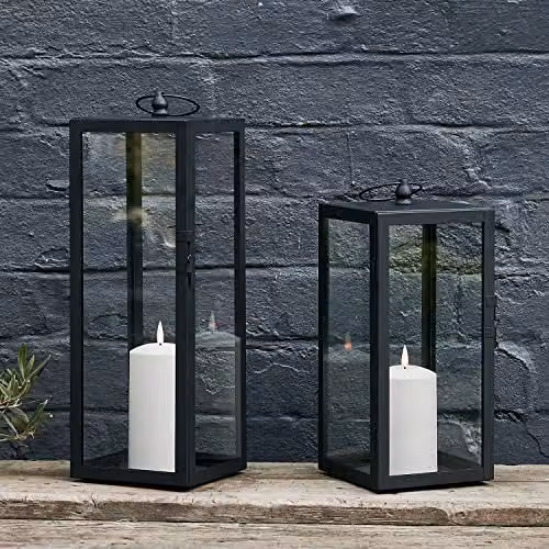 Lights4fun Bowen Black Metal Garden Lantern Duo with White TruGlow Pillar Candles – 2