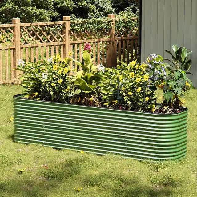 Livingandhome Oval Galvanised Steel Raised Garden Bed, Green, W/D/H: 320 x 80 x 80 cm
