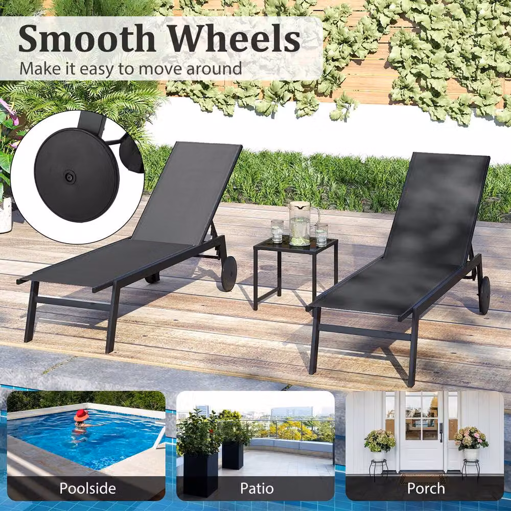 Costway Grey Patio Chaise Lounge Set with Side Table and Adjustable Headrest – 5