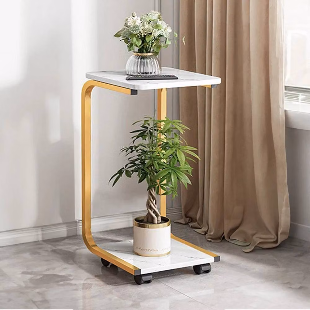 KORVIXA Gold and White C-Shaped Side Table with Serving Tiers and Castors – 2