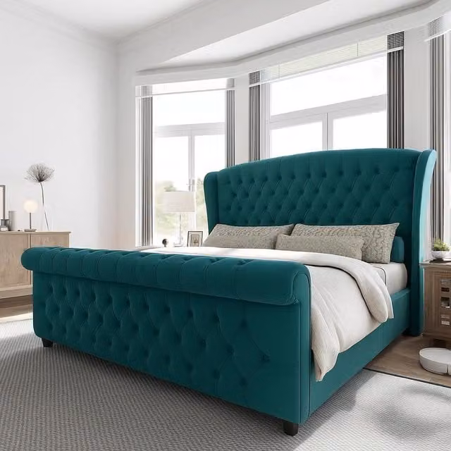 Paradies Modern Upholstered Velvet Wing Bed Frame in Green, Headboard Height: 38 cm
