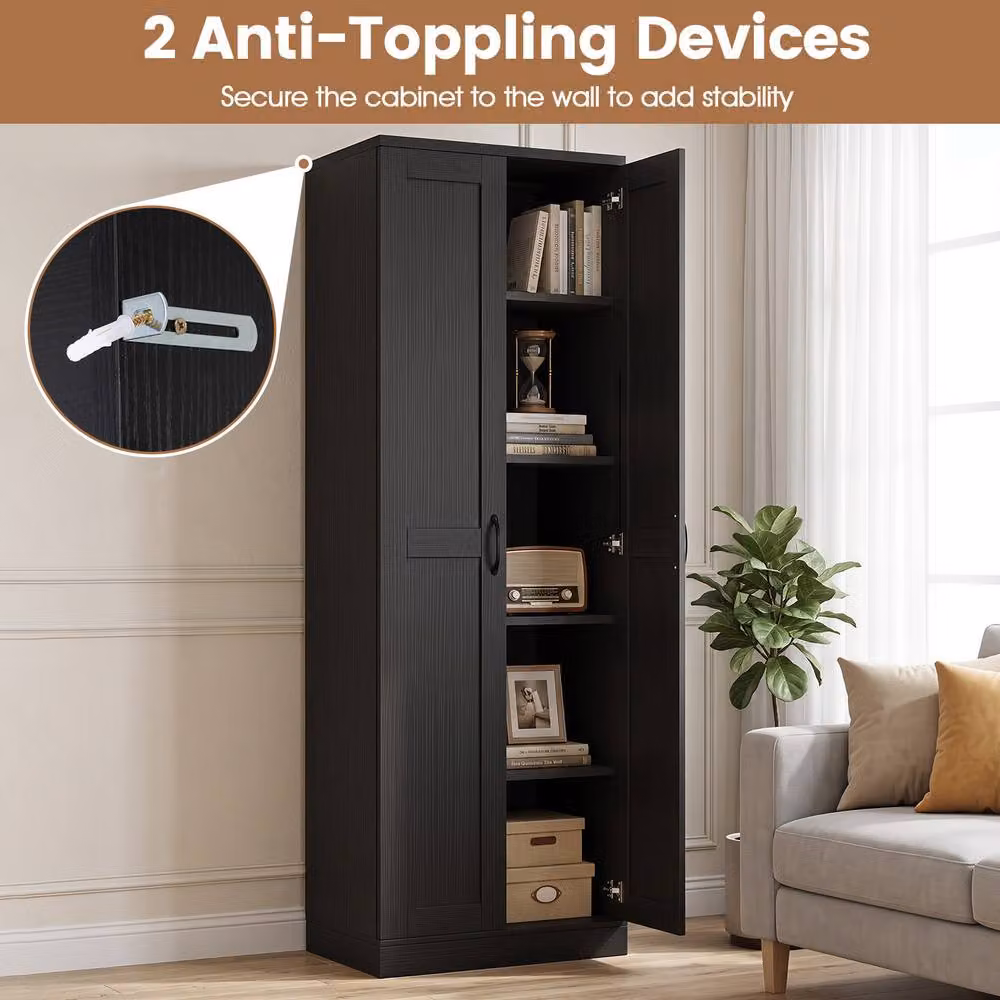 Costway Tall Freestanding Storage Cabinet with Hinged Doors and Internal Shelves in Matt Black – 10