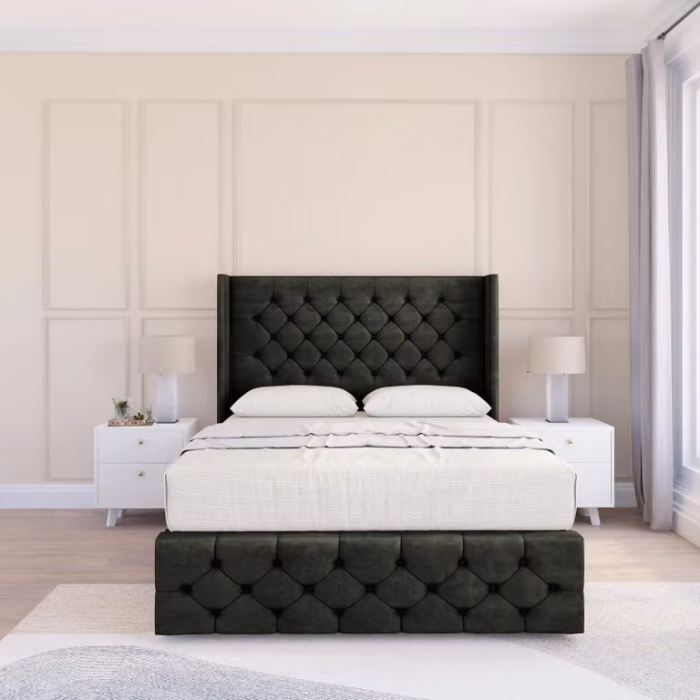 Sloomy Luthor Dumfries Black Velvet Wingback Bed Set with Floor Standing Headboard, Double W/D/H: 140 x 200 cm
