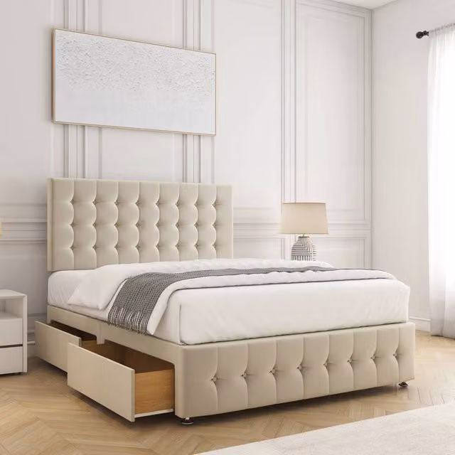 BSSPOKE Eva Plush Velvet Divan Bed with 24 inch Headboard, Footboard, 4 Drawers and Mattress in Cream, Size: King (W/D/H: 180 x 200 cm)