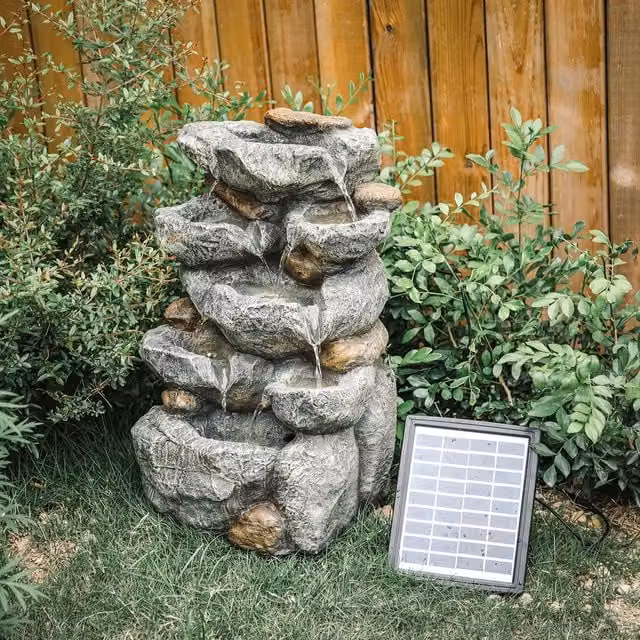 Livingandhome Solar Powered Grey Stone Cascade Rock Garden Water Feature with LED Lights
