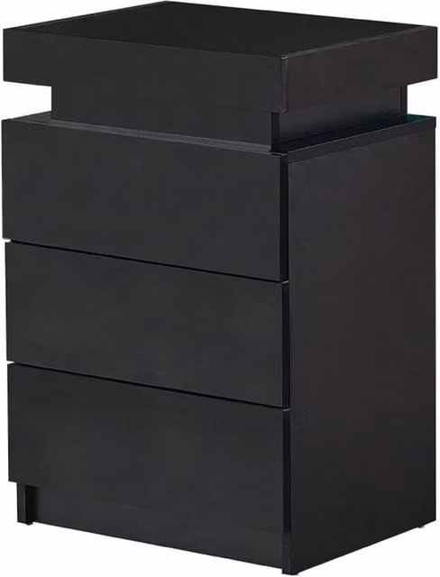 Kelvenix Modern Black High Gloss Bedside Table with Integrated LED Lighting and 3 Drawers