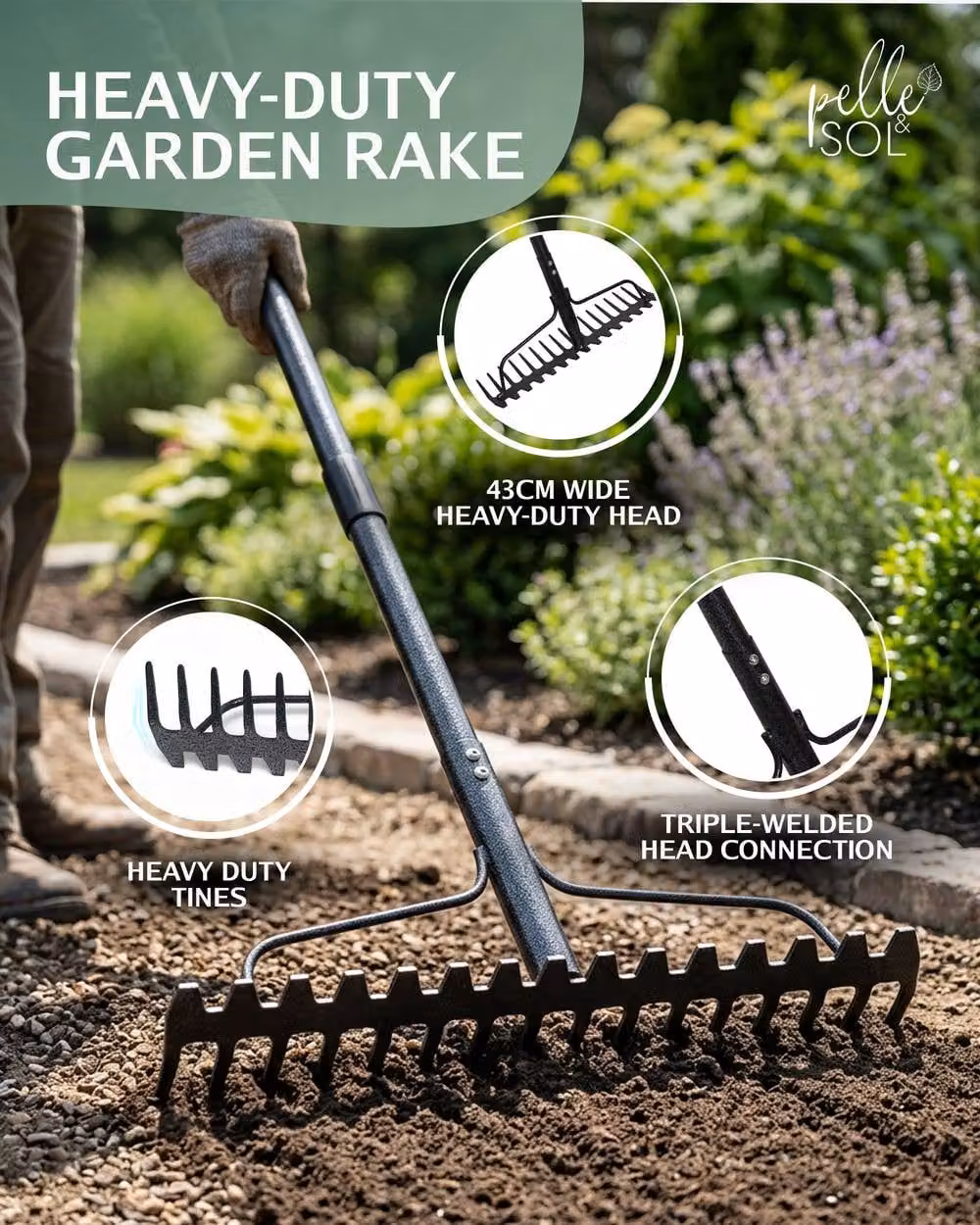 Pelle & Sol Heavy Duty 5ft Metal Bow Rake with 17 Tines and Stainless Steel Handle in Black and Silver – 2