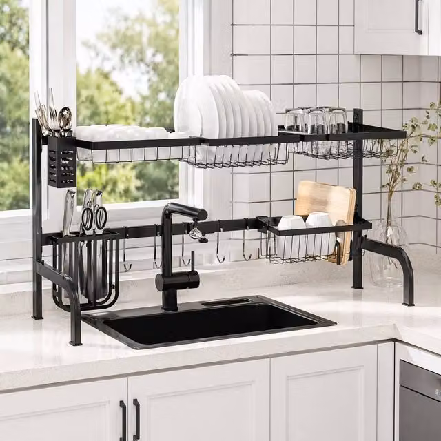 STILVORA 2 Tier Adjustable Over Sink Dish Drying Rack with Cutlery Holder in Black