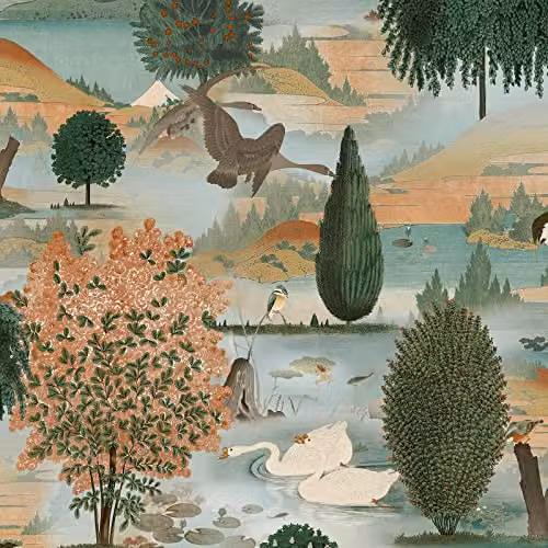 Holden Decor Swan Lake Modern Floral Wallpaper in Orange and Green – 1