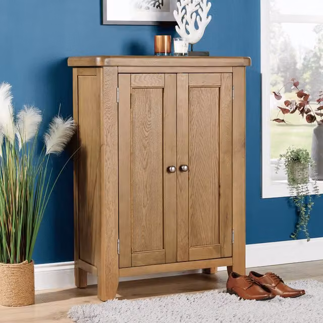 Home Source Holcombe Ready Assembled Oak 2 Door Shoe Storage Cupboard in Brown