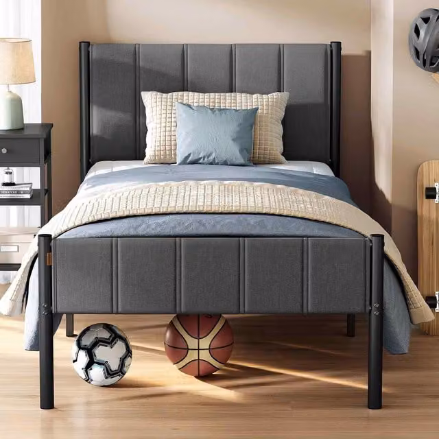 The Bazaarist Single Bed Frame with Upholstered Headboard and Metal Platform in Grey, W/D/H: 90 x 190 x 91.5 cm