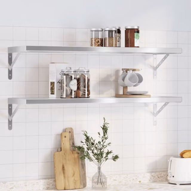Berkfield Home Set of 2 Modern Wall Mounted Metal Shelves, Silver, W: 100 cm, D: 30 cm