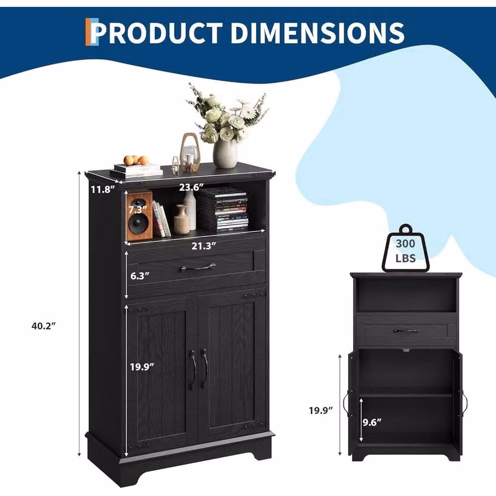KORVIXA Freestanding Black Bathroom Cabinet with Doors, Drawers and Open Shelf, W: 60 cm, H: 60 cm – 2