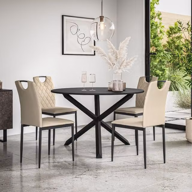 More4Homes Malvern Round Black Dining Table Set with 4 Beige Monza Chairs and Black Oak Legs, Diameter: 120 cm, Height: 75 cm