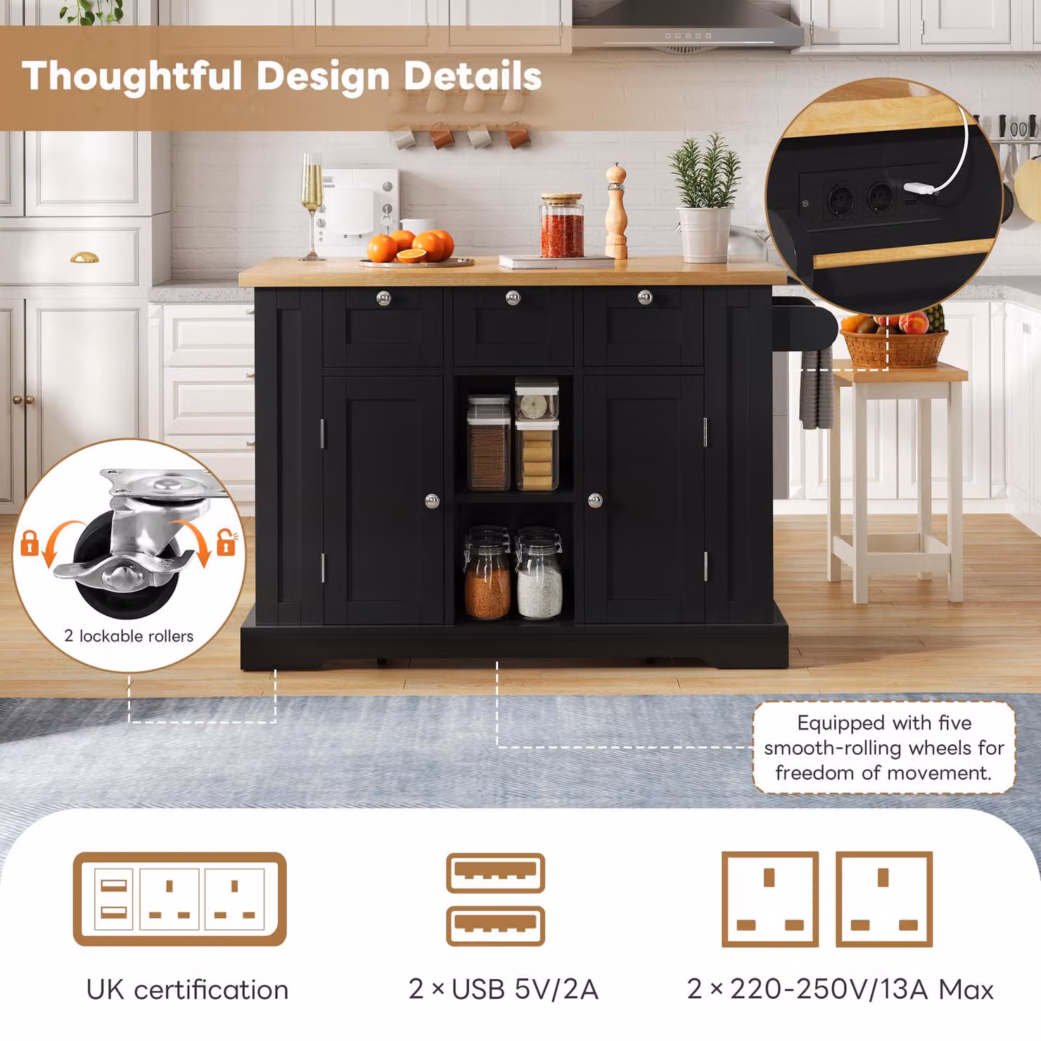 Aosom UK Versatile Kitchen Island Trolley with 3 Drawers, 2-Door Cupboards and Extendable Worktop, Natural and Black, W: 132 cm, D: 70 cm, H: 87 cm – 4