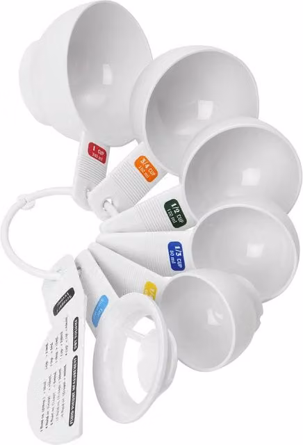 dexam Set of White and Multicolour Plastic Round Measuring Cups with Egg Separator