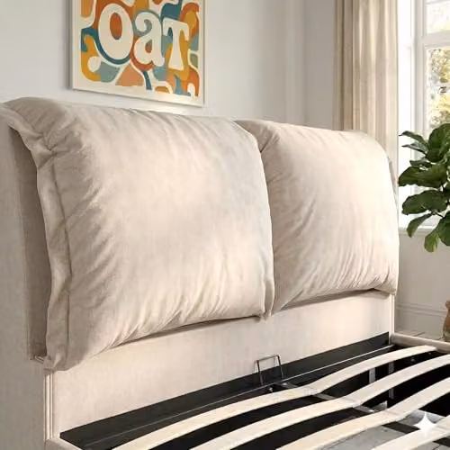 OAT Home Chester Upholstered Ottoman Storage Bed Frame with Pillow Headboard, Grey and Sand, W/D/H: 180 x 200 x 158 cm – 2