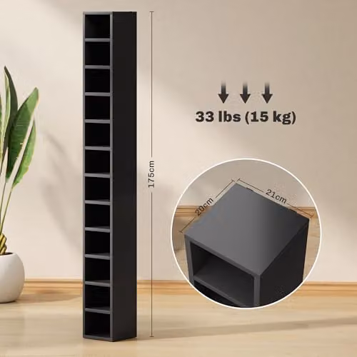 HOMCOM Black Corner CD Storage Unit with 12 Media Compartments, Height: 175 cm – 7