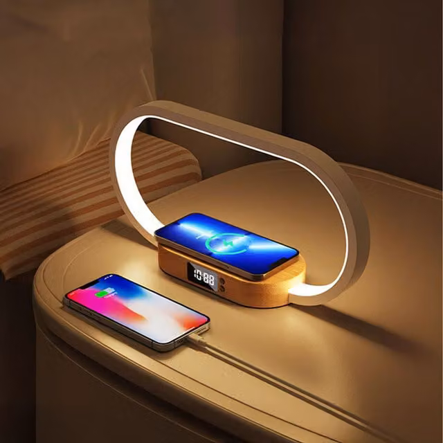 Livingandhome Dimmable LED Table Lamp with Wireless Charger in White and Wood
