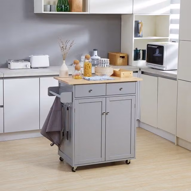 HOMCOM Grey Rolling Kitchen Utility Serving Cart with Rubberwood Top – 1