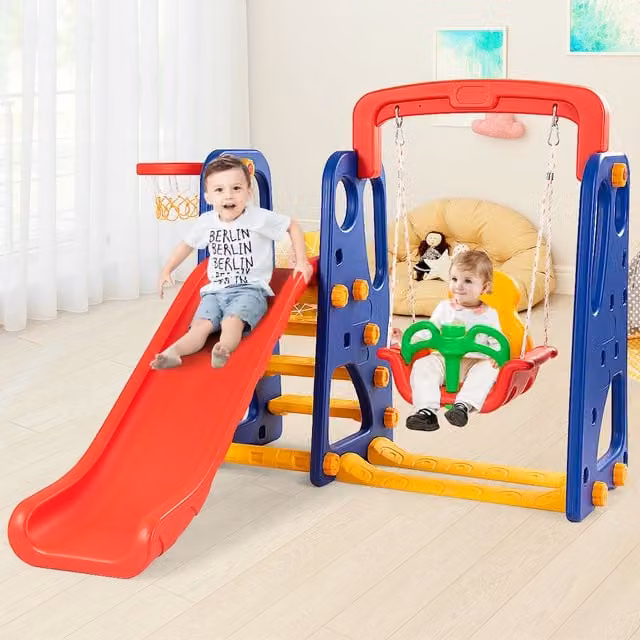 Costway 3-in-1 Toddler Slide and Swing Set in Red and Multicolour
