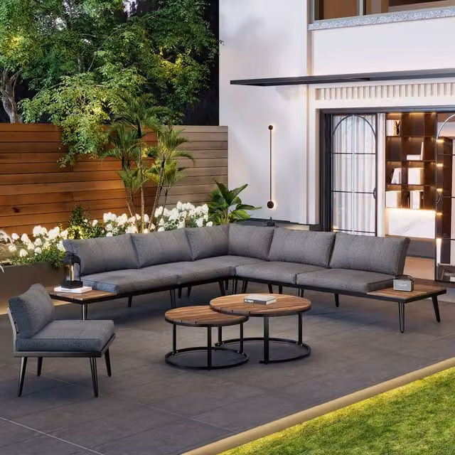Matteo Grey Modular Outdoor Sofa Set with Acacia Wood Nesting Tables