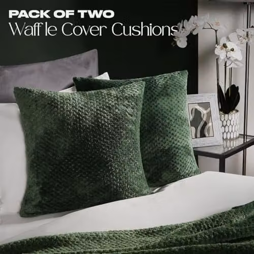OHS Set of 2 Waffle Fleece Square Cushion Covers, Green, 45 x 45 cm – 2