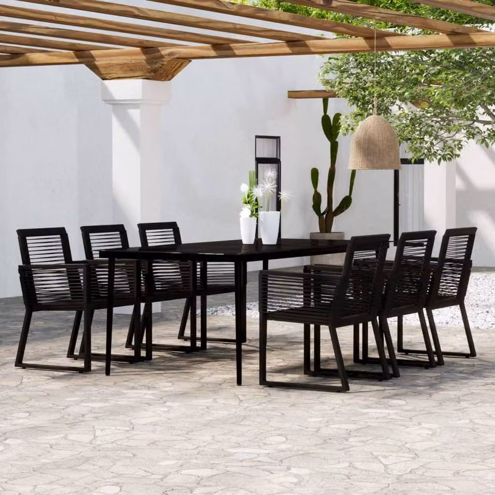 Berkfield Home 7 Piece Black Modern Garden Dining Set with Metal, Glass and Rattan – 2