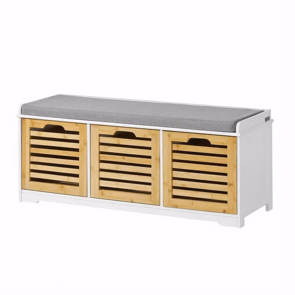 SoBuy Scandinavian Style Slim Entrance Bench with 3-Compartment Storage in White and Grey – 2