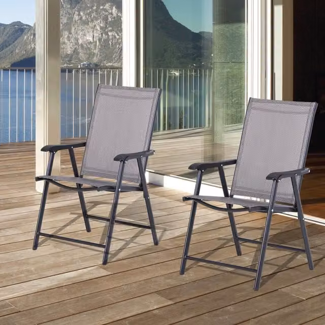 Outsunny Set of 2 Modern Folding Garden Chairs with Powder Coated Steel Frame and Grey Textilene Mesh Seats