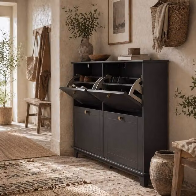 Wyld Haus Serodo Black Slim Shoe Cabinet with 4 Tilting Compartments and Gold Accents, Fits up to 16 Pairs