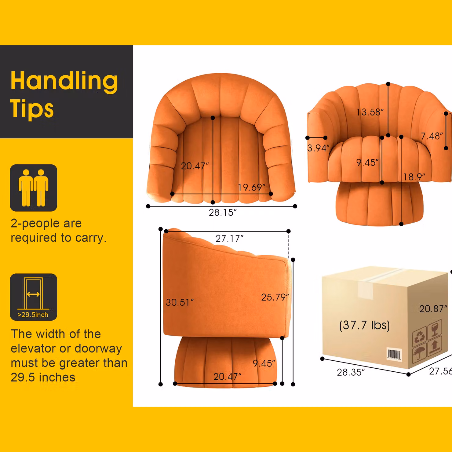SEYNAR Orange Velvet Swivel Barrel Chair with Round Arms and Upholstered Seat – 3