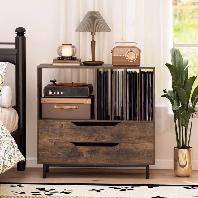 Kelvenix Mid-Century Retro Vinyl Record Storage Cabinet in Brown – 1
