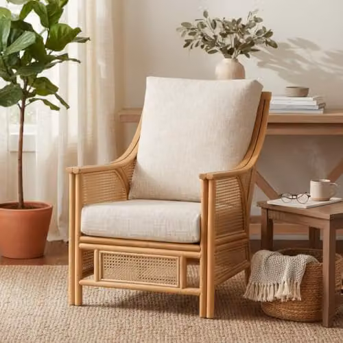 Desser Natural Rattan Chester Armchair with Beige Fabric Cushions, W/D/H: 63 x 90 x 108 cm – 2