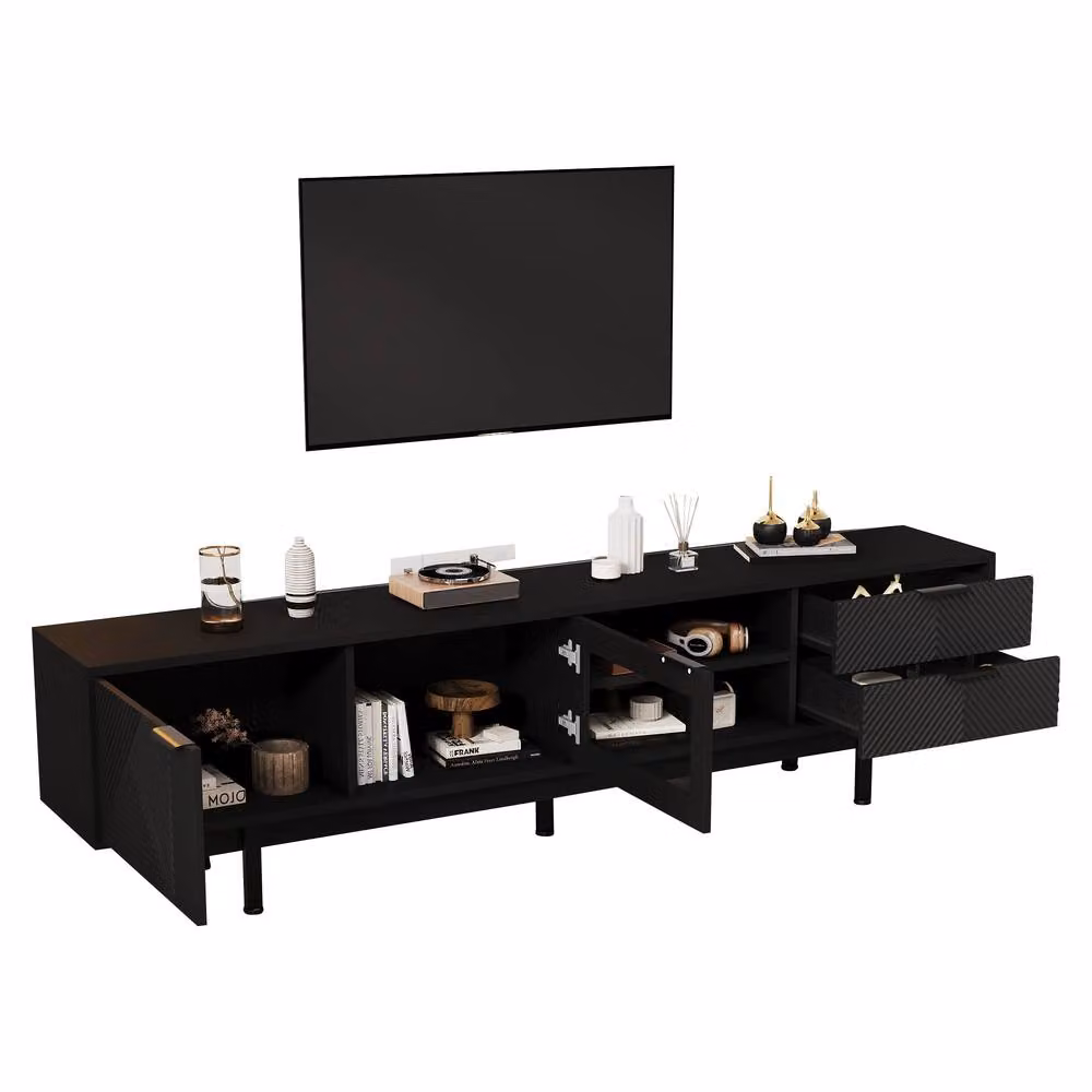 Merax Modern Black TV Unit with Glass Door and Drawers, W: 200 cm, D: 40 cm, H: 50.5 cm – 6