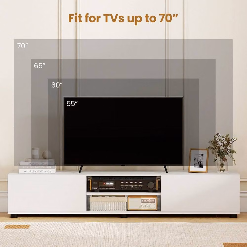 Havendro White Modern Media Cabinet and TV Unit for up to 70 Inch TVs with 2 Doors and Shelves – 2