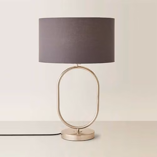 ValueLights Antonia Oval Fabric Drum Table Lamp in Grey with Brushed Chrome Finish – 1