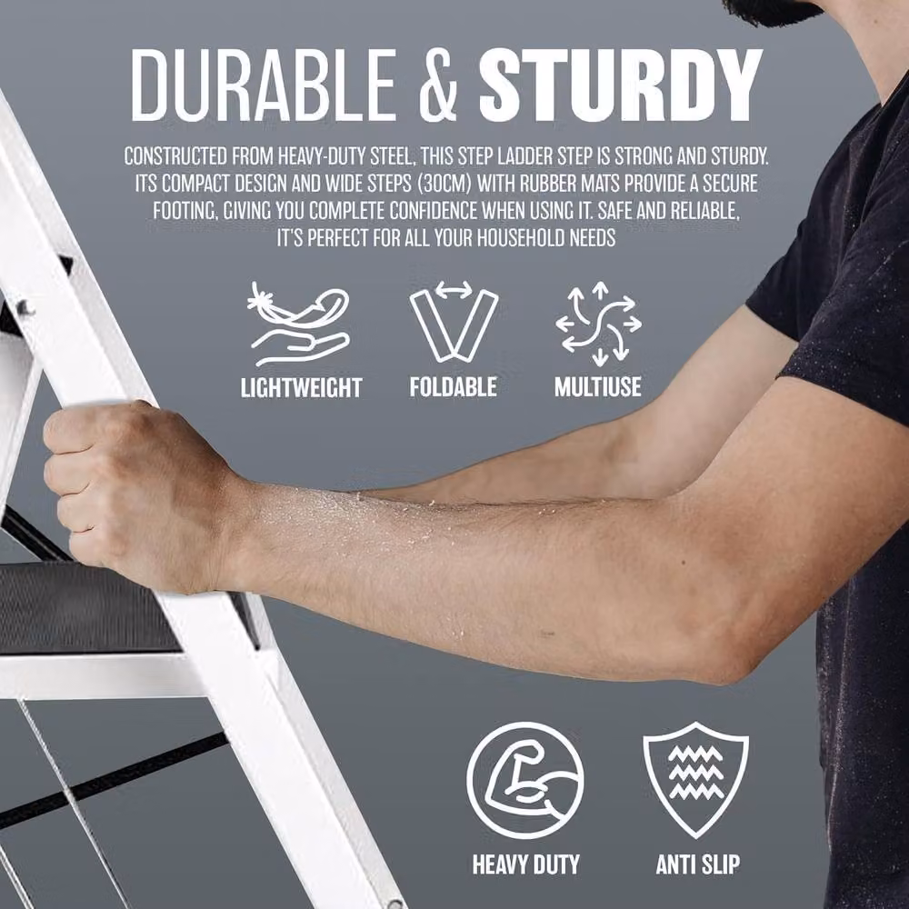 BARGAINS-GALORE 3 Step Foldable Steel Stepladder with Non-Slip Treads in White – 3