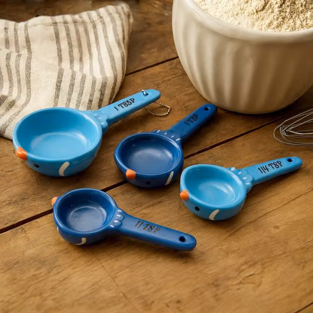 Pretty Things Set of 4 Blue and Silver Ceramic Birdy Measuring Spoons with Printed Scale