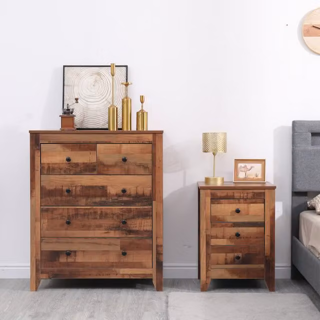 Home Deluxe Rustic Brown Wooden Bedroom Set with 1 Bedside Table and 2+3 Drawer Chests
