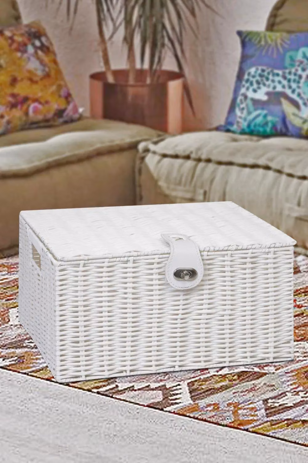 Arpan Large Resin Woven Storage Basket Box with Lid and Lock in White, W: 36 cm, D: 28 cm, H: 18.5 cm – 2