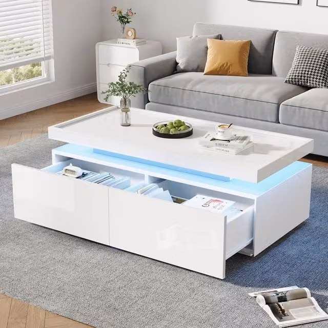 Rolipo Modern White High Gloss LED Coffee Table with 2 Drawers W/D/H: 95 x 50 x 35 cm – 1