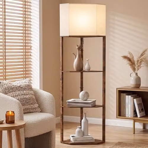 HOMCOM Modern Corner Floor Lamp with Shelves and Pull Chain Switch, Rustic Brown – 1