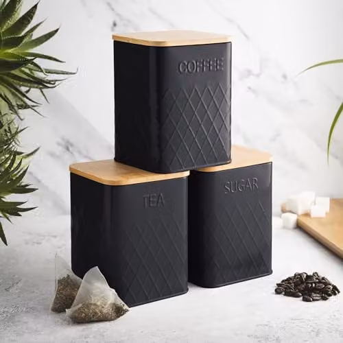 Cooks Professional 3-Piece Black Stainless Steel Tea, Coffee and Sugar Canister Set with Airtight Bamboo Lids and Geometric Pattern – 5