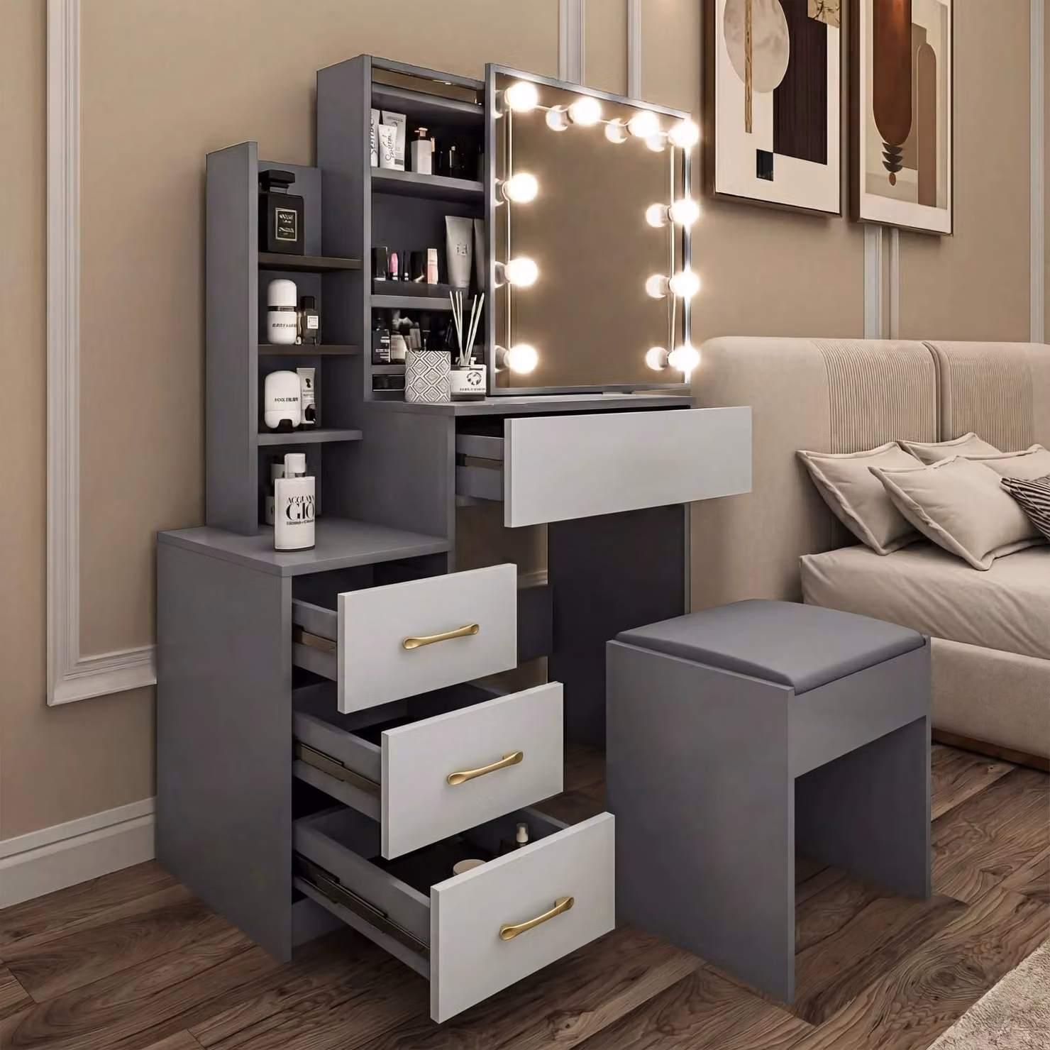 DHS Hollywood LED Mirror Dressing Table with Storage Drawers in Grey and Silver Grey