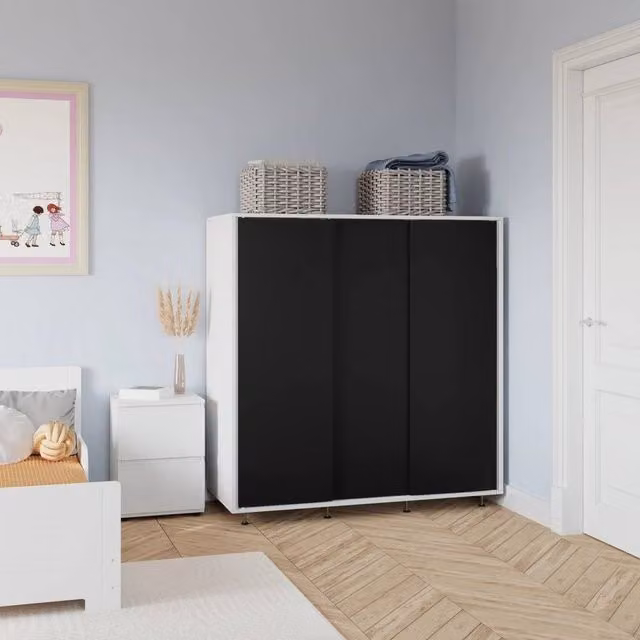 FORGEVIO Modern Wardrobe with Hanging Rail and Hinged Doors, White and Black