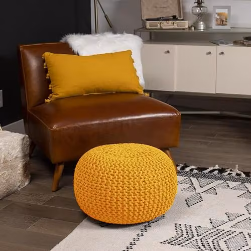 Home Sweet Home UK Handmade Large Round Knitted Pouffe Ottoman in Yellow, 100% Cotton – 5