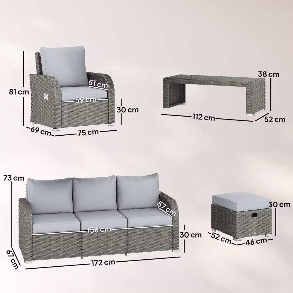 ERGOVEXA Six-piece Rattan Garden Furniture Set in Grey with Upholstered Cushions, 3-Seater Sofa, Lounge Armchair, Ottoman and Coffee Table – 2