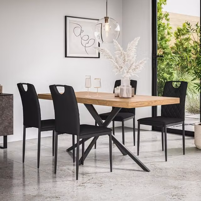 More4Homes Donni Dining Table and Set of 4 Monza Faux Leather Chairs, Oak Effect Top with Black Legs